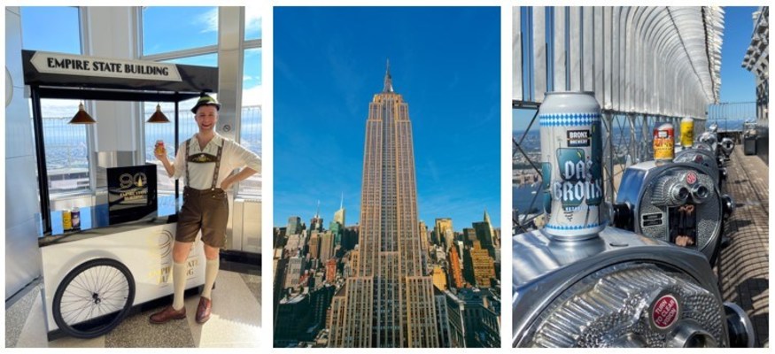 Carrito del 90.° aniversario del Empire State Building (izquierda); Empire State Building (centro); cervezas selectas de Bronx Brewery en el Mirador de la Planta 86 (derecha) (PRNewsfoto/Empire State Realty Trust, Inc.)